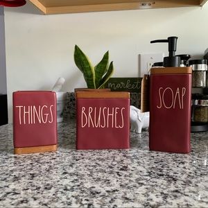 Rae Dunn Bathroom SOAP, BRUSHES & THINGS Set in Burgundy/Cranberry Color